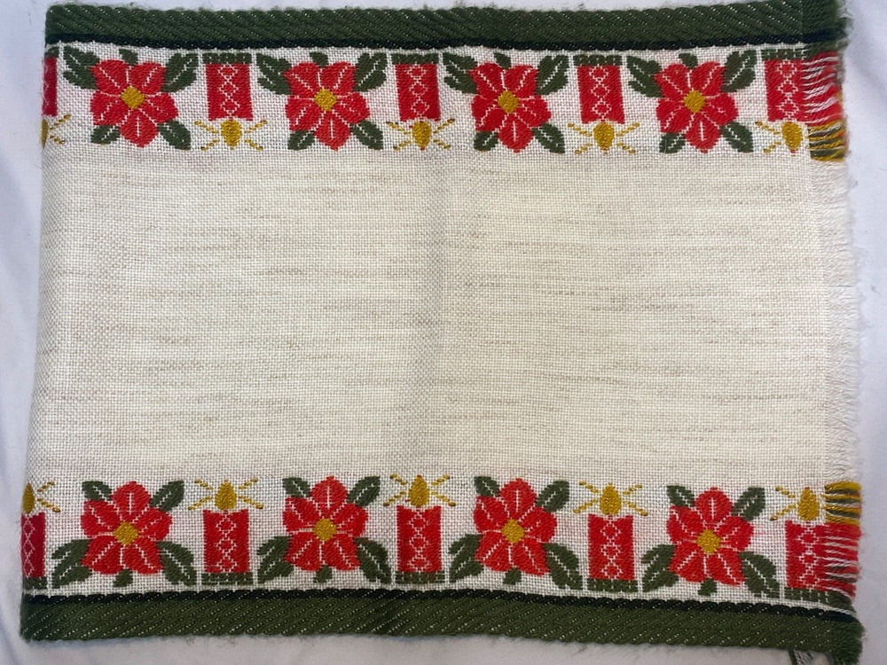 Vtg Woven German Style Table Runner Xmas Poinsettia Candles Fringes 15x19.5"
